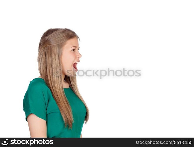Beautiful young girl with green t-shirt screaming out loud isolated on white background