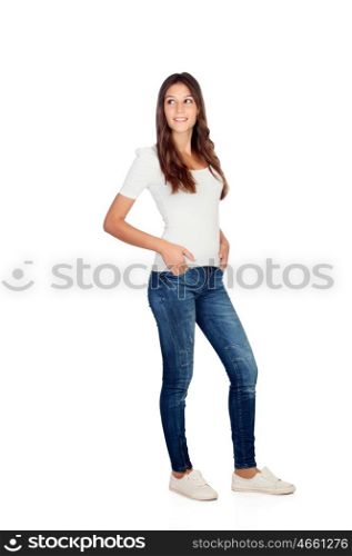 Beautiful young girl with jeans isolated on a white backgrund