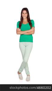 Beautiful young girl with jeans standing isolated on a white backgrund