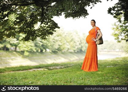 beautiful young happy pregnant woman outdoor in bright nature in orange dress