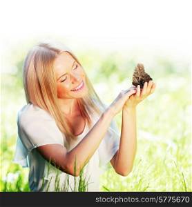 Beautiful young happy Woman playing with butterfly outdoors. Woman playing with butterfly