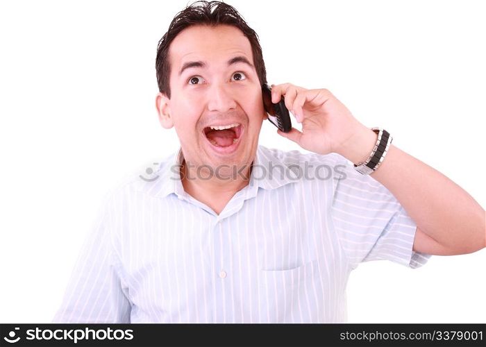 beautiful young man laughs and talks by mobile phone