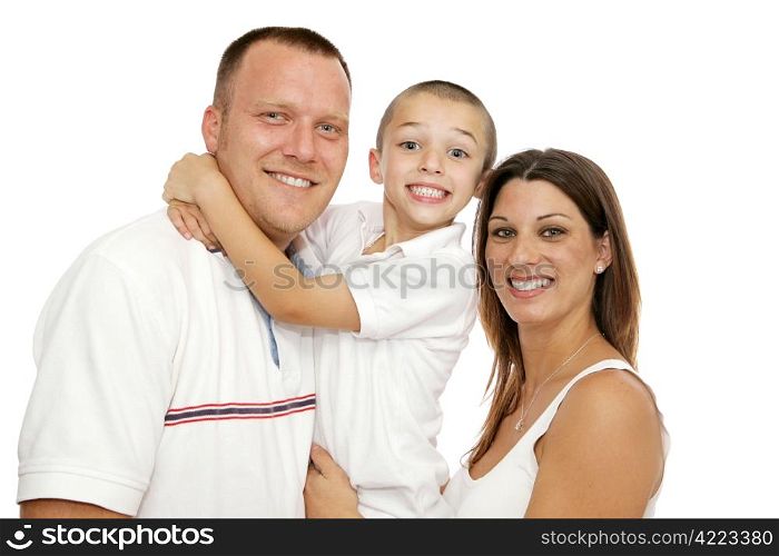 Beautiful young mother, father and little boy. Isolated on white background.