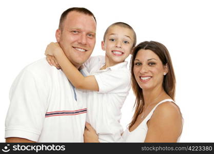 Beautiful young mother, father and little boy. Isolated on white background.