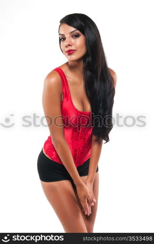 Beautiful young multiracial woman in a red bustier