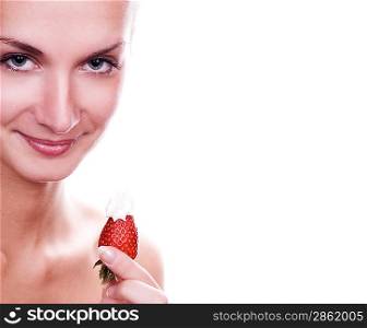 Beautiful young naked girl with red juicy strawberry