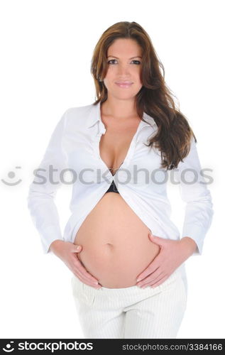 beautiful young pregnant woman. Isolated on white background