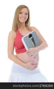 beautiful young pregnant woman with scales in hand. Isolated on white background
