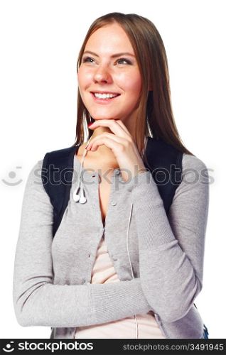 beautiful young student woman on white background