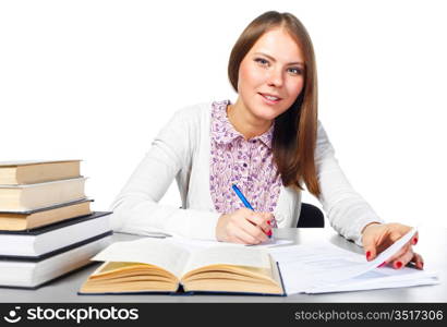 beautiful young student woman on white background