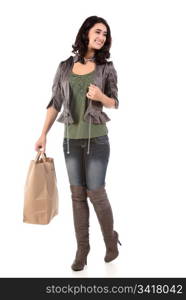 beautiful young teenage woman with shopping bag and cash