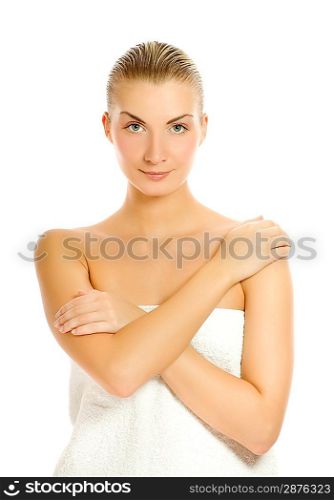 Beautiful young woman after shower. Isolated on white background