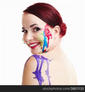 Beautiful young woman and painted face, white background
