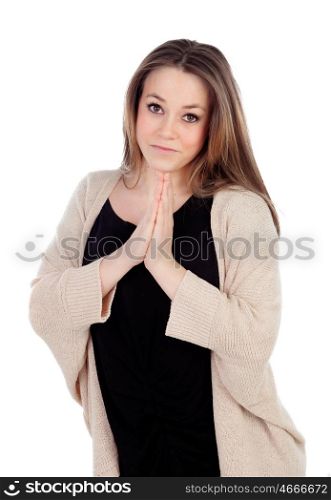 Beautiful young woman asking for something isolated on a white background