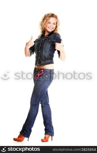 Beautiful young woman blonde 20s standing full body in jeans shoulder bag isolated on white background Caucasian girl