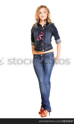Beautiful young woman blonde 20s standing full body in jeans wear isolated on white background Caucasian girl