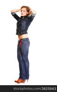 Beautiful young woman blonde 20s standing full body in jeans wear isolated on white background Caucasian girl