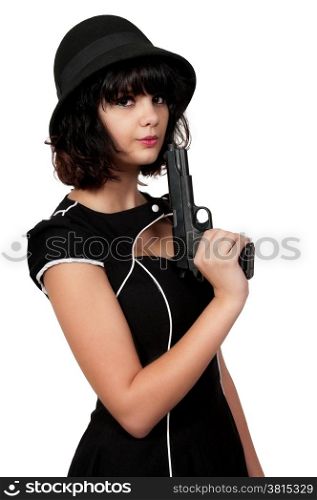 Beautiful young woman criminal with a gun