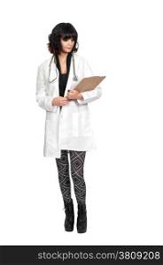 Beautiful young woman doctor in a lab coat holding a patient record. Hospital Room