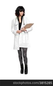 Beautiful young woman doctor in a lab coat holding a patient record. Hospital Room