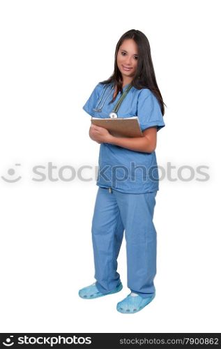 Beautiful young woman doctor in scrubs holding a patient record. Hospital Room