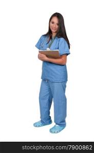 Beautiful young woman doctor in scrubs holding a patient record. Hospital Room