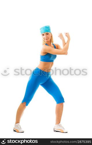 Beautiful young woman doing fitness exercise isolated on white background
