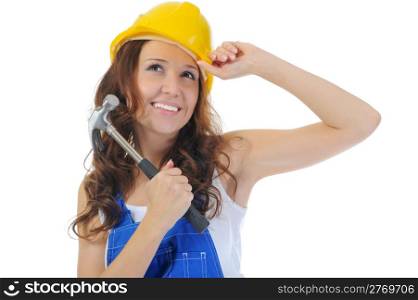 Beautiful young woman doing repairs isolated on white background