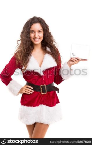 Beautiful young woman dressed with christmas costume, isolated over white