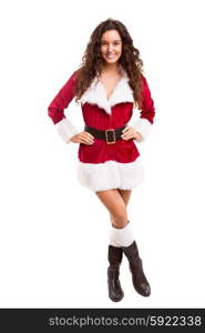 Beautiful young woman dressed with christmas costume, isolated over white