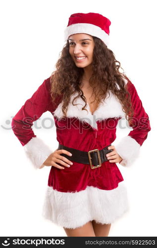 Beautiful young woman dressed with christmas costume, isolated over white