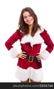 Beautiful young woman dressed with christmas costume, isolated over white