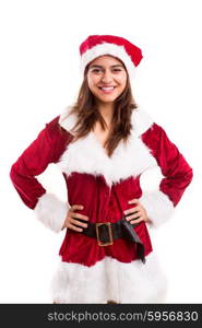 Beautiful young woman dressed with christmas costume, isolated over white