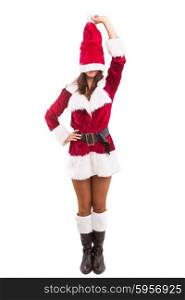 Beautiful young woman dressed with christmas costume, isolated over white