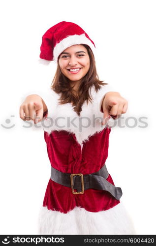 Beautiful young woman dressed with christmas costume, isolated over white