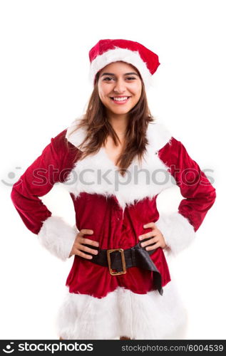 Beautiful young woman dressed with christmas costume, isolated over white