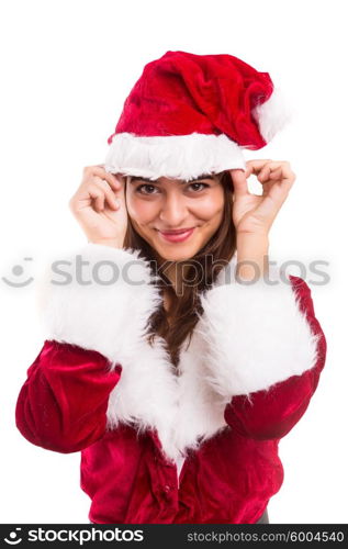 Beautiful young woman dressed with christmas costume, isolated over white