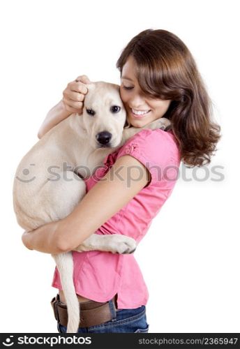 Beautiful young woman embracing a cute dog