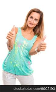 Beautiful young woman expressing positivity, isolated over copy space background