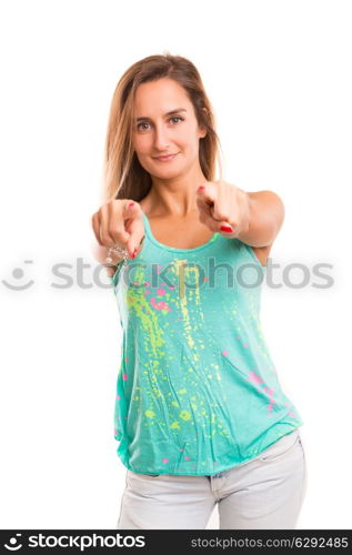 Beautiful young woman expressing positivity, isolated over copy space background