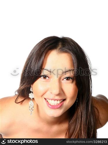 Beautiful young woman face. Isolated over white background