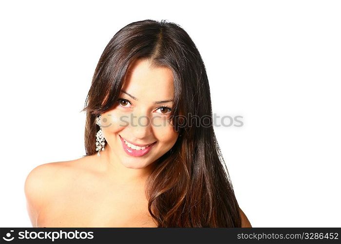 Beautiful young woman face. Isolated over white background
