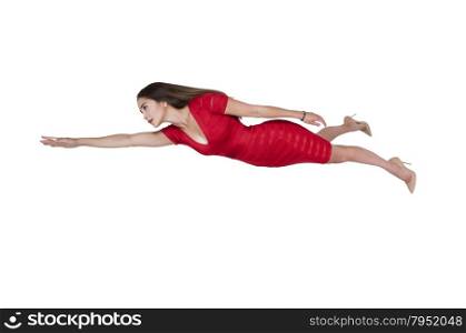 Beautiful young woman floating or flying in the air