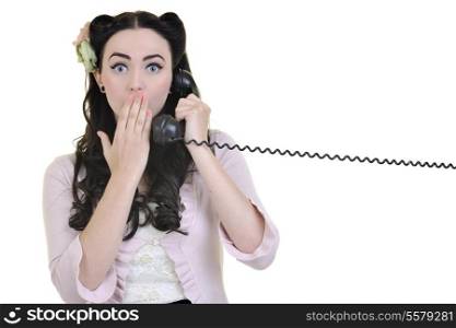 beautiful young woman girl talking on old phone isolated on white in studio