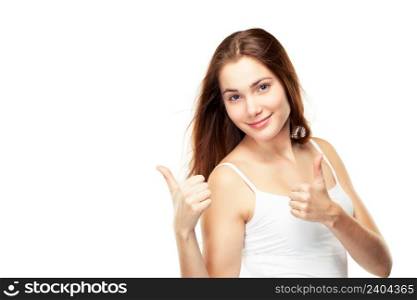 Beautiful young woman giving two thumbs up, isolated on white