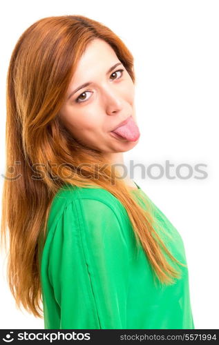 Beautiful young woman going funny, isolated over white background