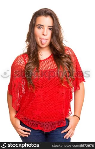 Beautiful young woman going funny, isolated over white background