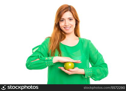 Beautiful young woman holding a green apple - diet / nutrition concept