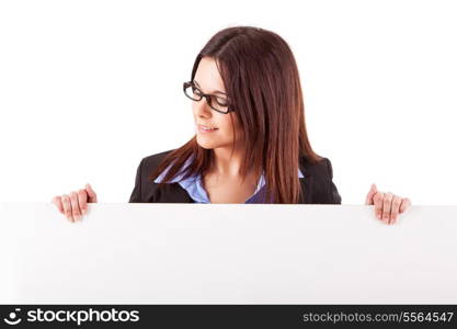 Beautiful young woman holding a white card - isolated over white