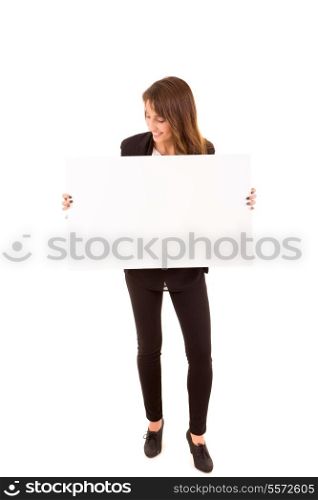 Beautiful young woman holding a white card - isolated over white